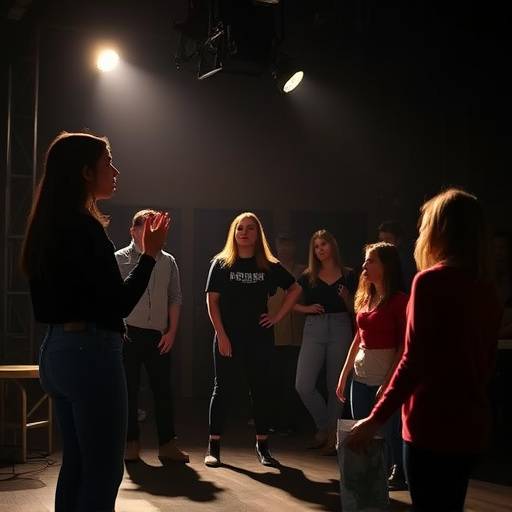Grupo de alunos de atua√§√£o ensaiando uma cena no palco.